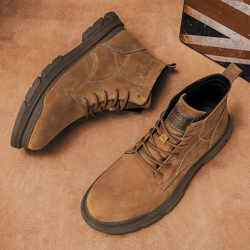 Men’s Leather Work Chukka Boots, Hand-Stitched Lace-Up Ankle Boots with Waterproof Lining, Non-Slip/Oil-Resistant Sole, Arch Support