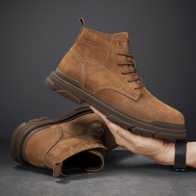 Men’s Leather Work Chukka Boots, Hand-Stitched Lace-Up Ankle Boots with Waterproof Lining, Non-Slip/Oil-Resistant Sole, Arch Support