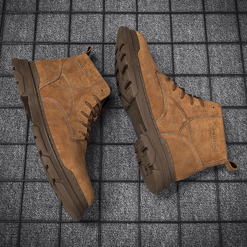 Men’s Leather Work Chukka Boots, Hand-Stitched Lace-Up Ankle Boots with Waterproof Lining, Non-Slip/Oil-Resistant Sole, Arch Support