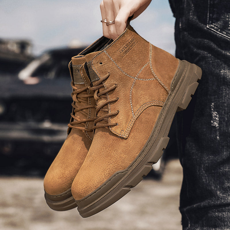 Men’s Leather Work Chukka Boots, Hand-Stitched Lace-Up Ankle Boots with Waterproof Lining, Non-Slip/Oil-Resistant Sole, Arch Support