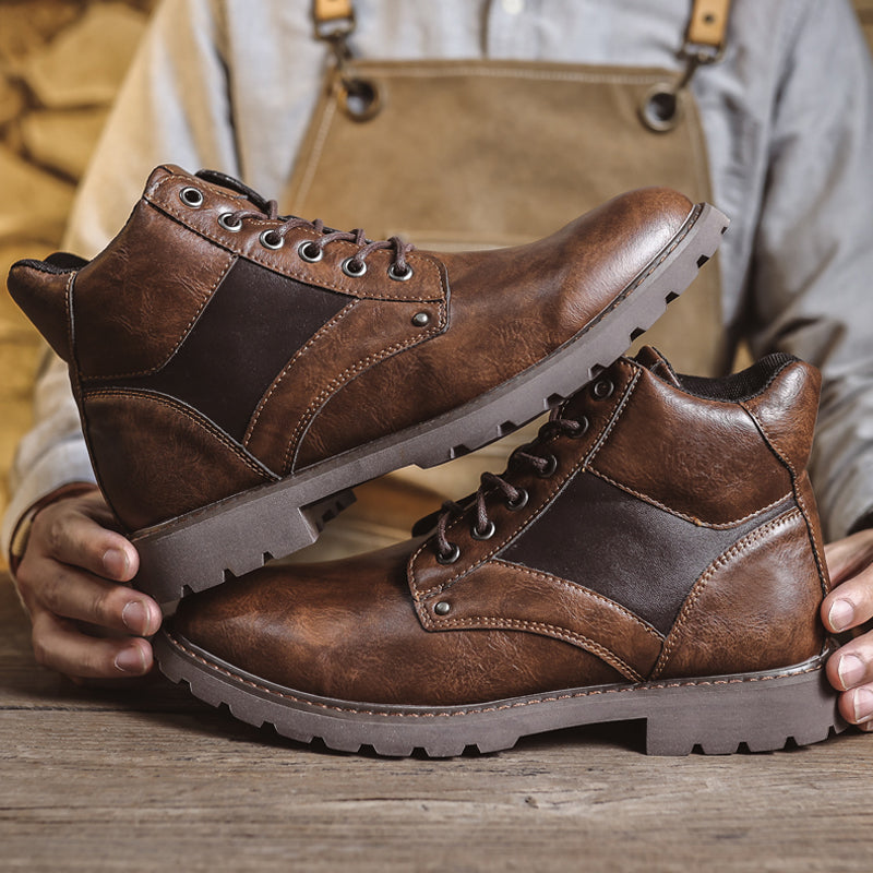 Mens Vintage Leather Ankle Boots, Hand-Stitched Lace-Up Work Boots with Arch Support, Non-Slip Lug Sole Casual Hiking Walking Chukka Boots