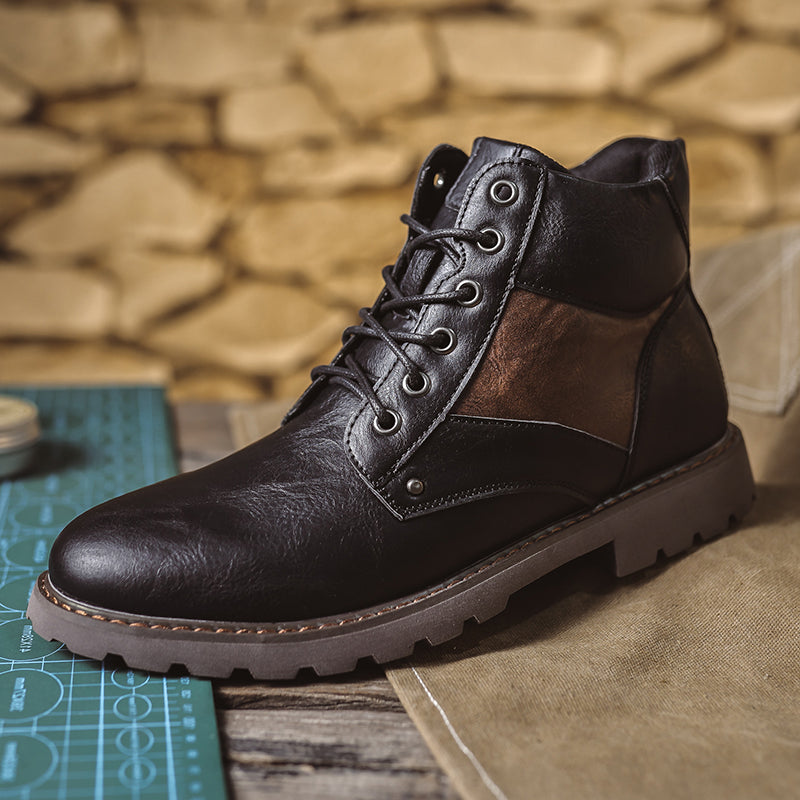 Mens Vintage Leather Ankle Boots, Hand-Stitched Lace-Up Work Boots with Arch Support, Non-Slip Lug Sole Casual Hiking Walking Chukka Boots