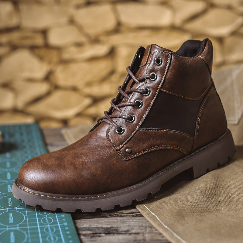 Mens Vintage Leather Ankle Boots, Hand-Stitched Lace-Up Work Boots with Arch Support, Non-Slip Lug Sole Casual Hiking Walking Chukka Boots