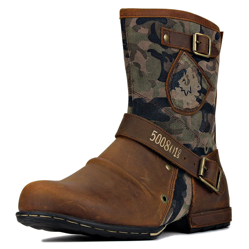 Men’s Vintage Outdoor Moto Work Boots — Handcrafted Stitching, Waterproof Leather & Slip-Resistant Traction