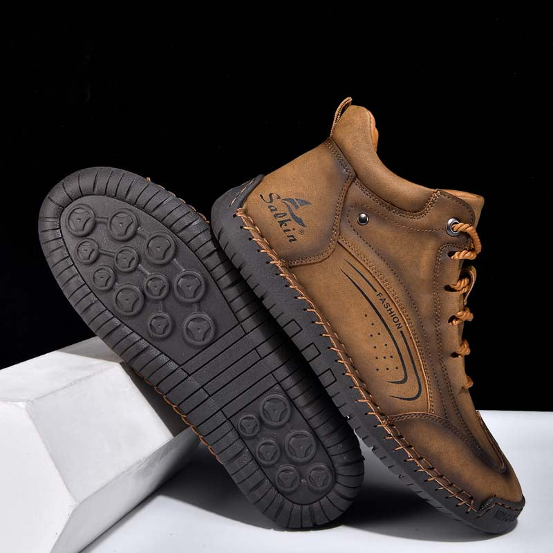 Men's Vintage Motorcycle Boots - Handcrafted Stitching, Waterproof & Slip-Resistant, Scratch-Resistant, Built-In Arch Support, Comfortable Work Boots, Durable For 5 Years.