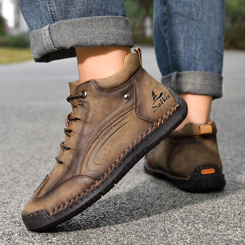 Men's Vintage Motorcycle Boots - Handcrafted Stitching, Waterproof & Slip-Resistant, Scratch-Resistant, Built-In Arch Support, Comfortable Work Boots, Durable For 5 Years.