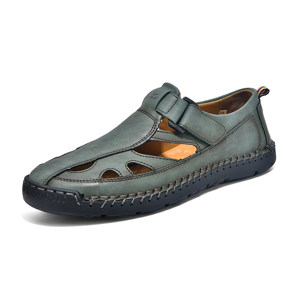 Men's Genuine Leather Sandals - Velcro Strap, Easy Adjust, Wide Toe Box with Arch Support