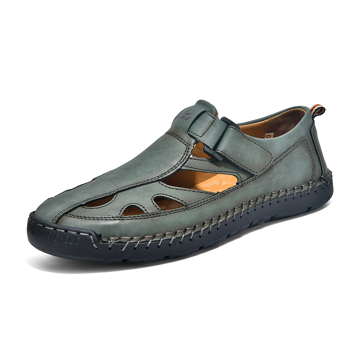 Men's Genuine Leather Sandals - Velcro Strap, Easy Adjust, Wide Toe Box with Arch Support