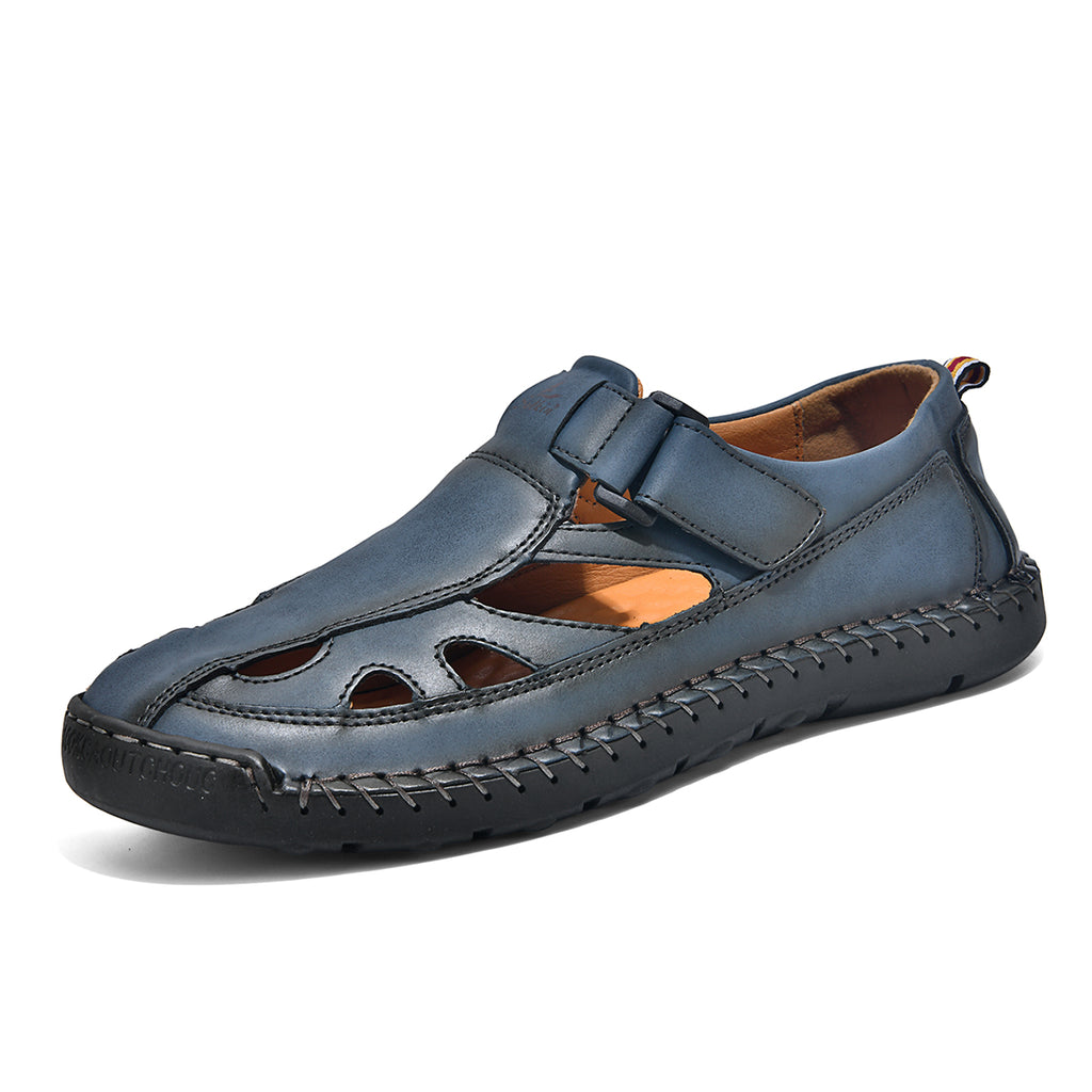 Men's Genuine Leather Sandals - Velcro Strap, Easy Adjust, Wide Toe Box with Arch Support