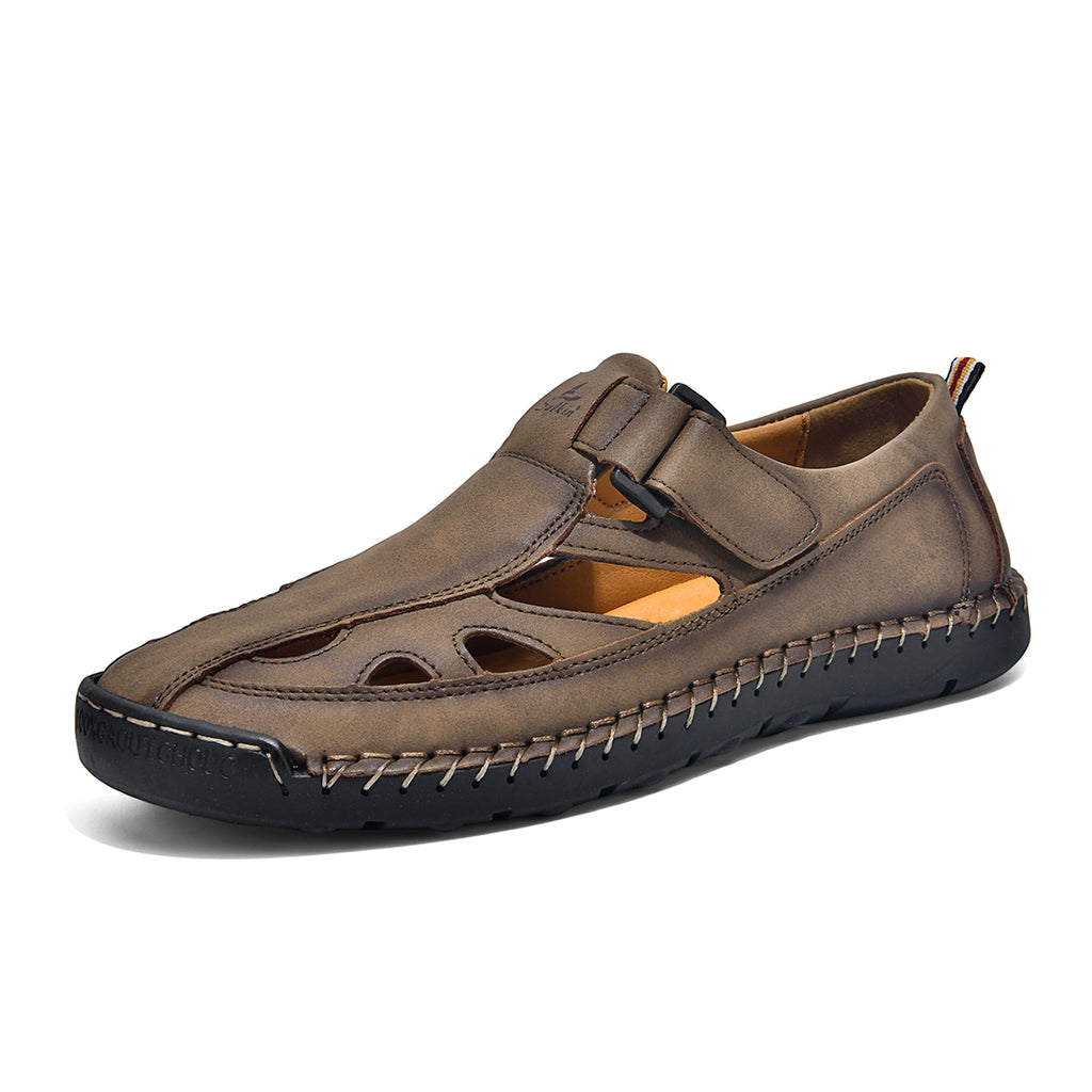 Men's Genuine Leather Sandals - Velcro Strap, Easy Adjust, Wide Toe Box with Arch Support