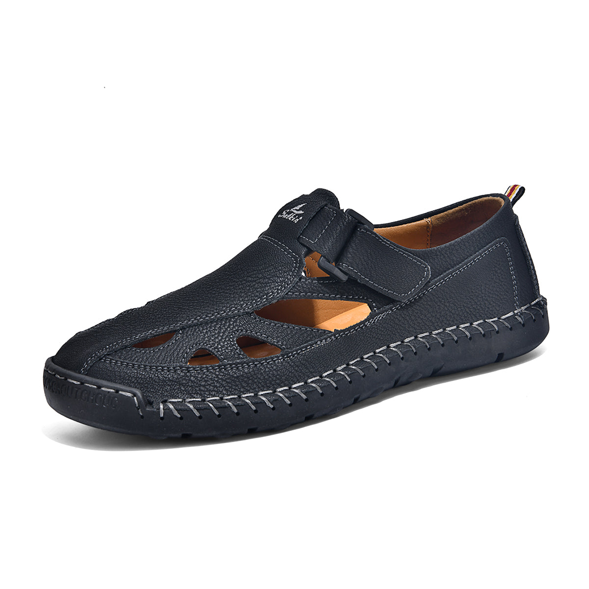 Men's Genuine Leather Sandals - Velcro Strap, Easy Adjust, Wide Toe Box with Arch Support
