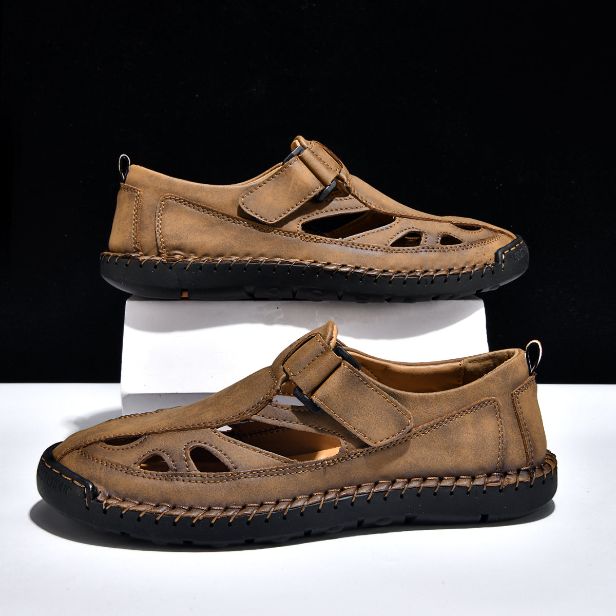 Men's Genuine Leather Sandals - Velcro Strap, Easy Adjust, Wide Toe Box with Arch Support