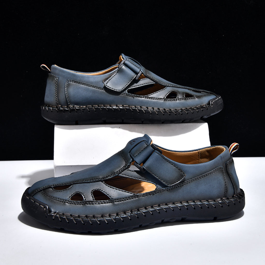 Men's Genuine Leather Sandals - Velcro Strap, Easy Adjust, Wide Toe Box with Arch Support