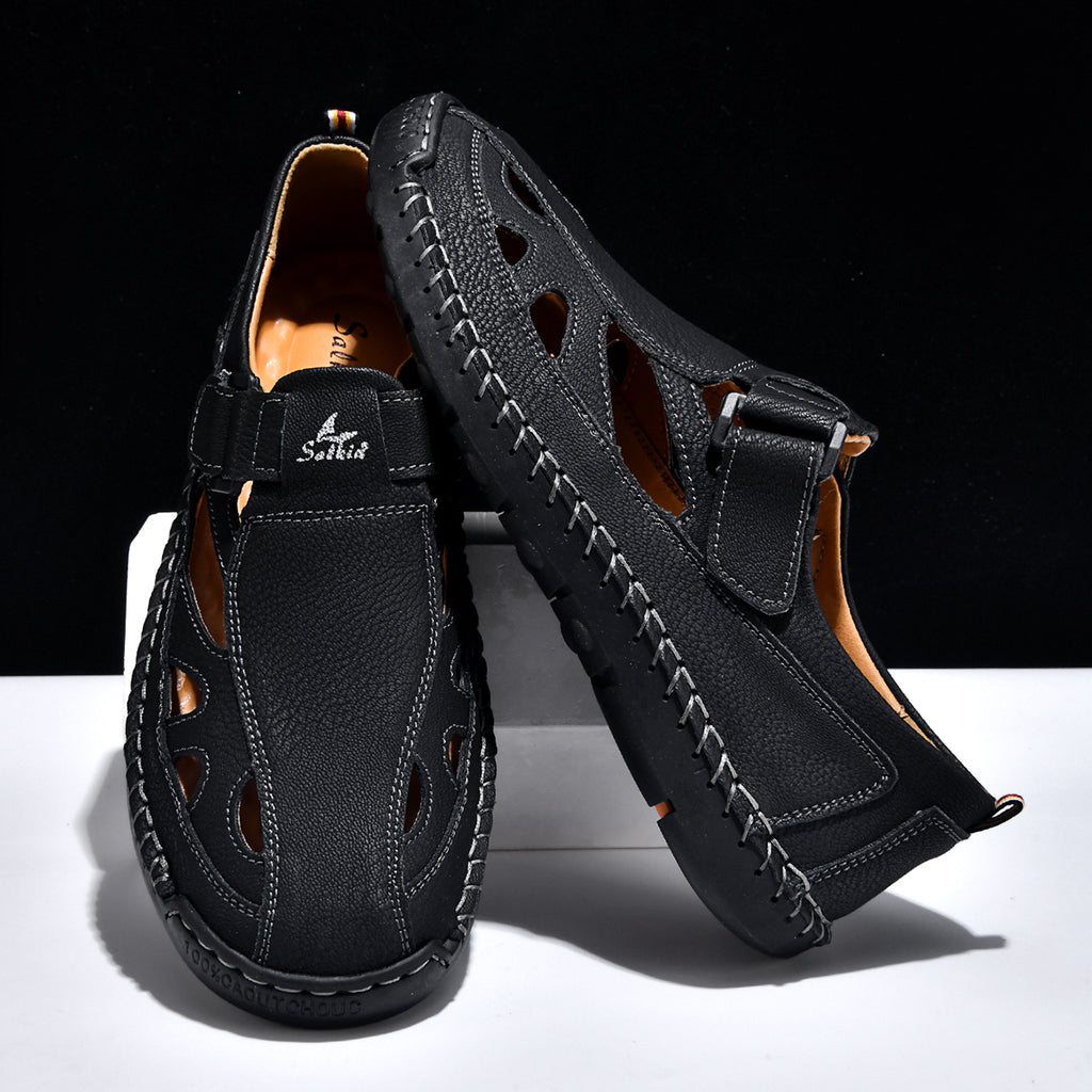Men's Genuine Leather Sandals - Velcro Strap, Easy Adjust, Wide Toe Box with Arch Support