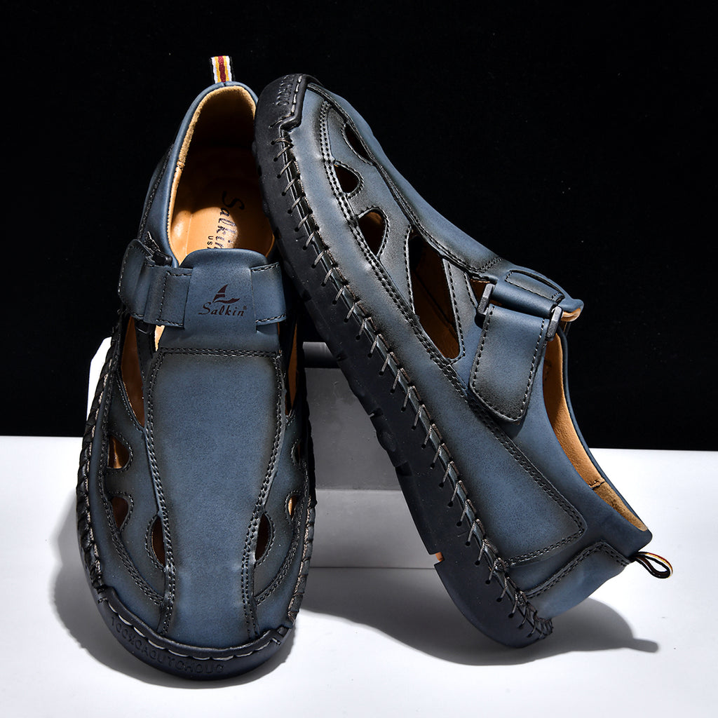Men's Genuine Leather Sandals - Velcro Strap, Easy Adjust, Wide Toe Box with Arch Support