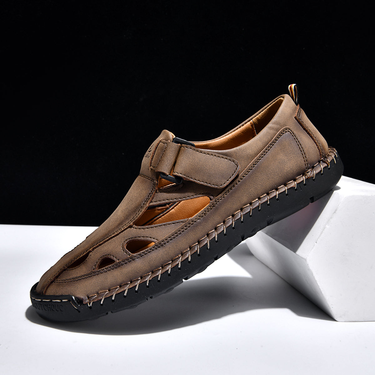 Men's Genuine Leather Sandals - Velcro Strap, Easy Adjust, Wide Toe Box with Arch Support