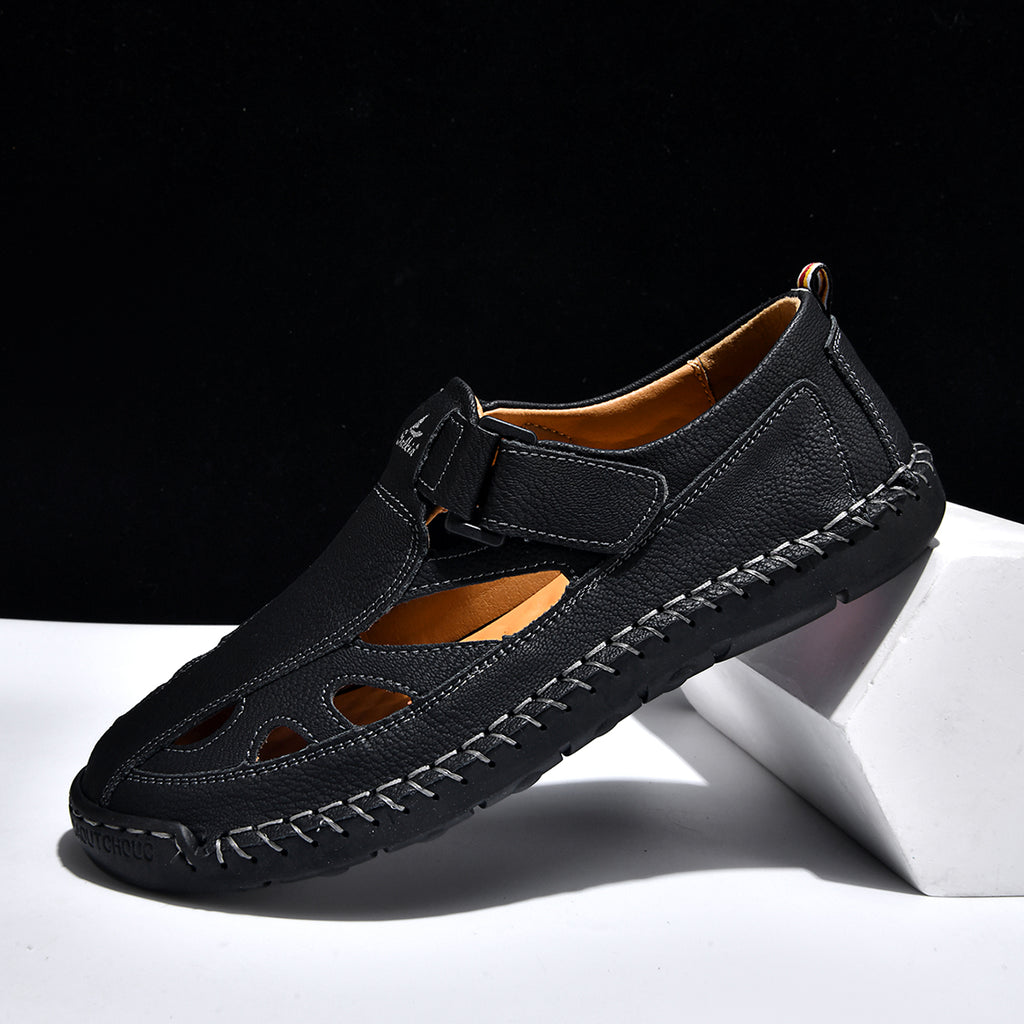 Men's Genuine Leather Sandals - Velcro Strap, Easy Adjust, Wide Toe Box with Arch Support
