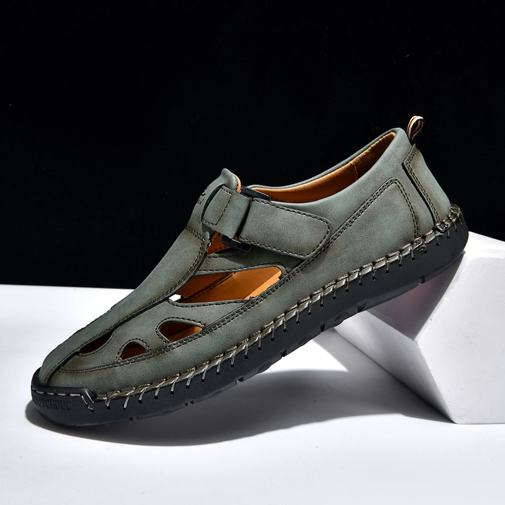 Men's Genuine Leather Sandals - Velcro Strap, Easy Adjust, Wide Toe Box with Arch Support