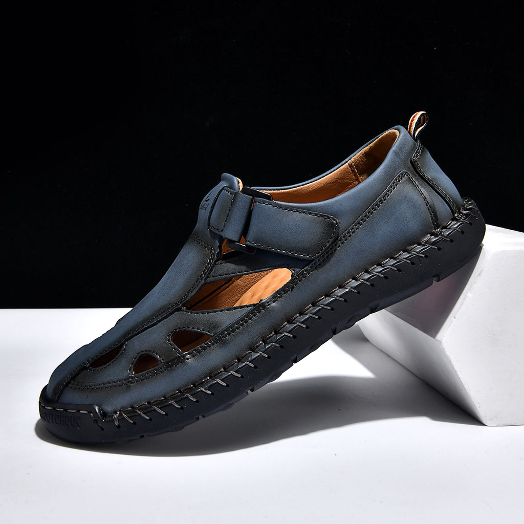 Men's Genuine Leather Sandals - Velcro Strap, Easy Adjust, Wide Toe Box with Arch Support