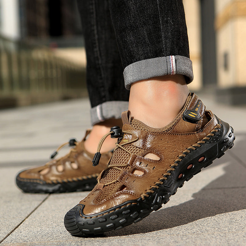 Men's Mixed Material Sandals - Velcro Strap, Breathable, Wide Toe Box with Arch Support