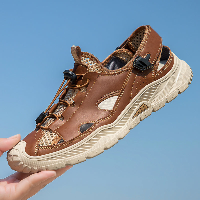 Men's Mixed Material Sandals - Velcro Strap, Breathable, Wide Toe Box with Arch Support