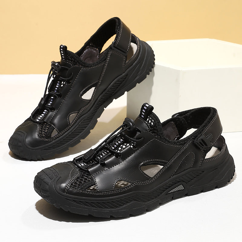 Men's Mixed Material Sandals - Velcro Strap, Breathable, Wide Toe Box with Arch Support
