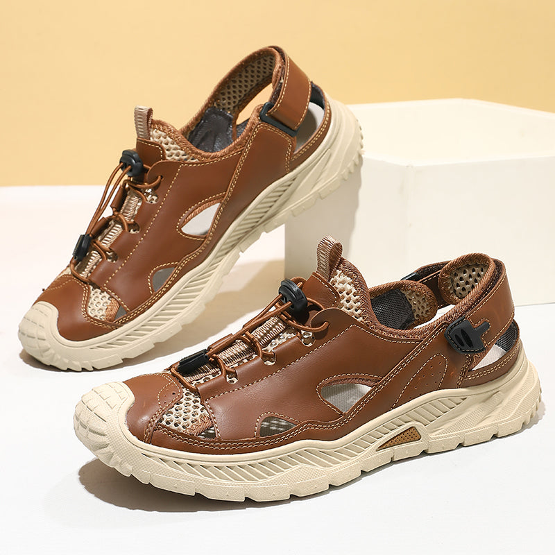 Men's Mixed Material Sandals - Velcro Strap, Breathable, Wide Toe Box with Arch Support