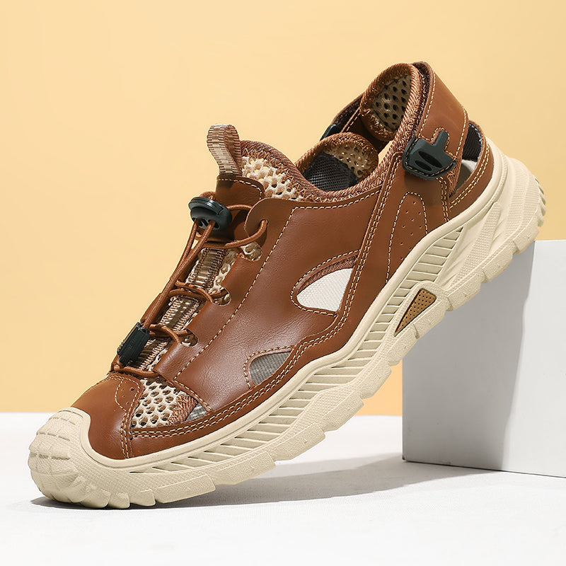 Men's Mixed Material Sandals - Velcro Strap, Breathable, Wide Toe Box with Arch Support