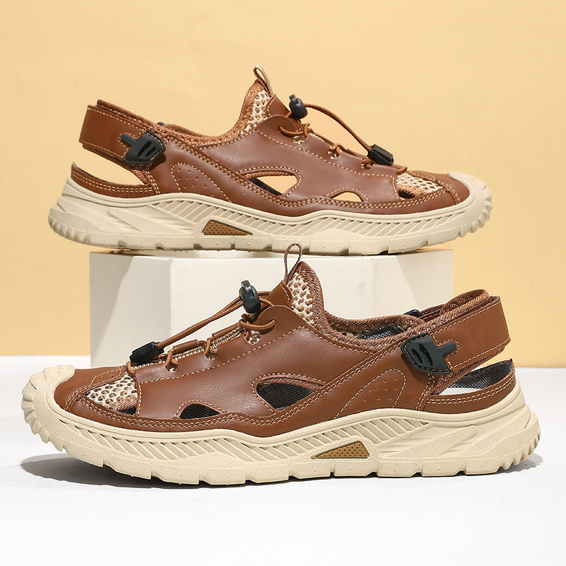 Men's Mixed Material Sandals - Velcro Strap, Breathable, Wide Toe Box with Arch Support