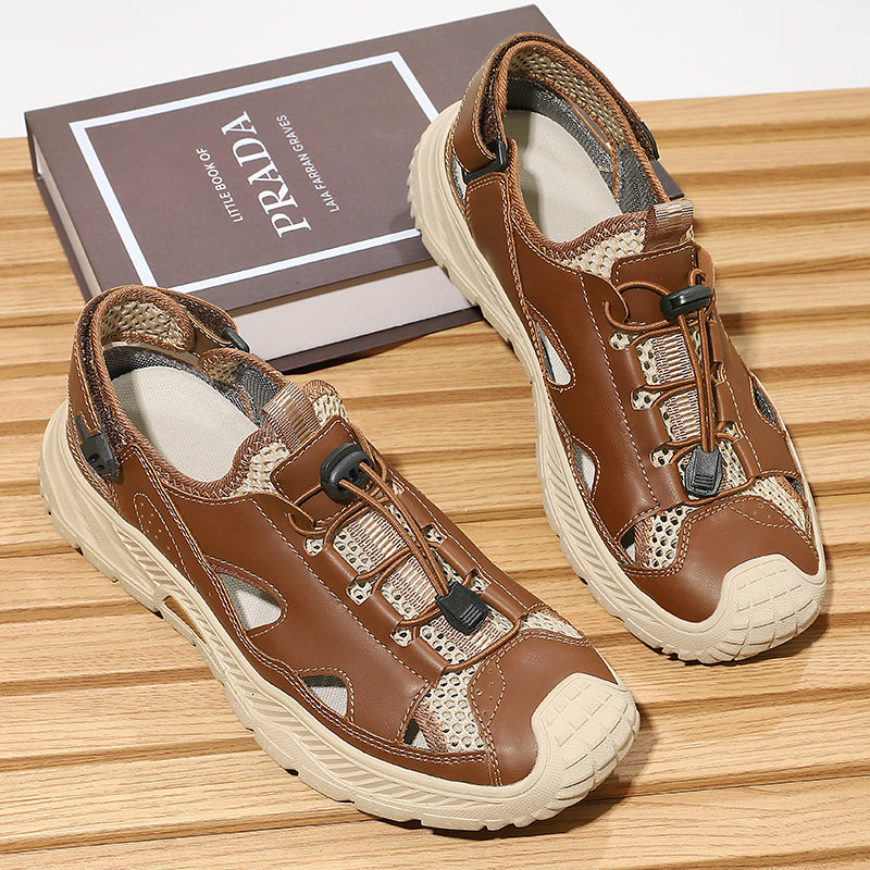 Men's Mixed Material Sandals - Velcro Strap, Breathable, Wide Toe Box with Arch Support