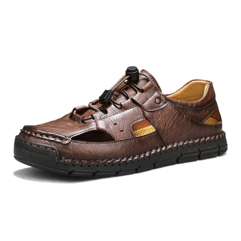 Men's Genuine Leather Sandals - Lace-Up, Slip-Resistant, Wide Toe Box with Arch Support