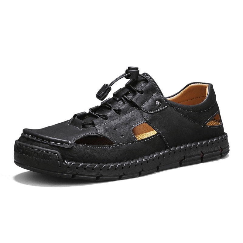 Men's Genuine Leather Sandals - Lace-Up, Slip-Resistant, Wide Toe Box with Arch Support