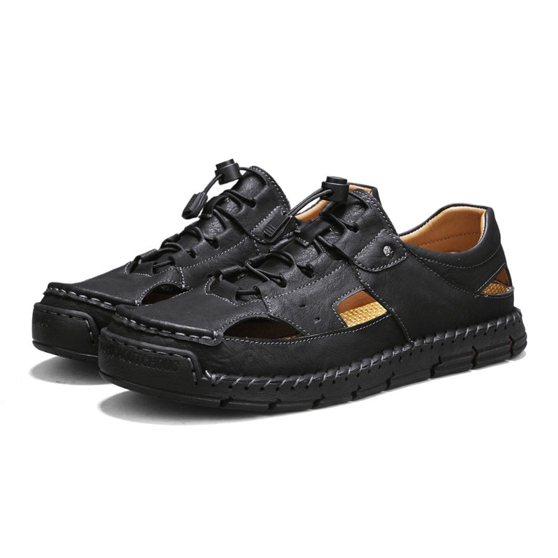 Men's Genuine Leather Sandals - Lace-Up, Slip-Resistant, Wide Toe Box with Arch Support