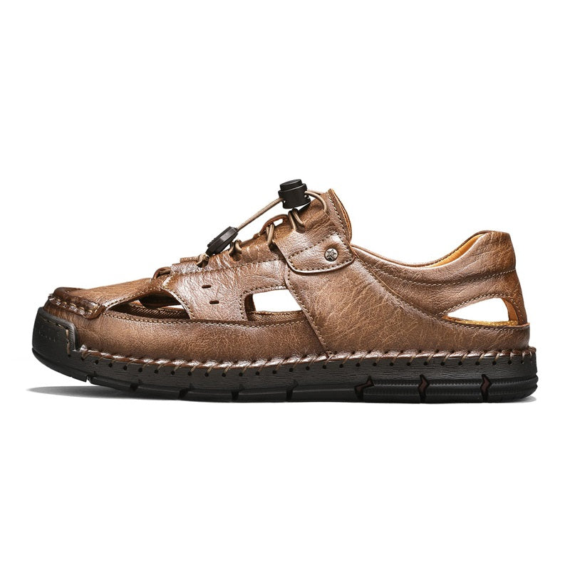 Men's Genuine Leather Sandals - Lace-Up, Slip-Resistant, Wide Toe Box with Arch Support