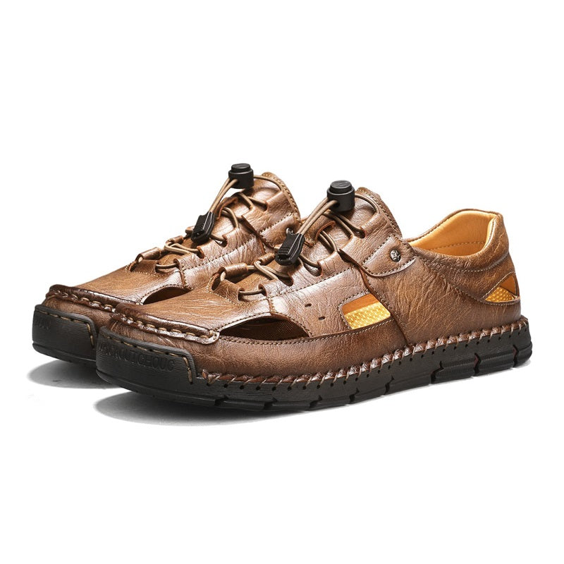 Men's Genuine Leather Sandals - Lace-Up, Slip-Resistant, Wide Toe Box with Arch Support