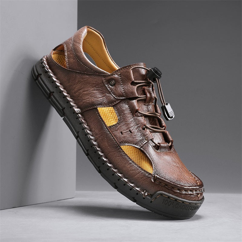 Men's Genuine Leather Sandals - Lace-Up, Slip-Resistant, Wide Toe Box with Arch Support