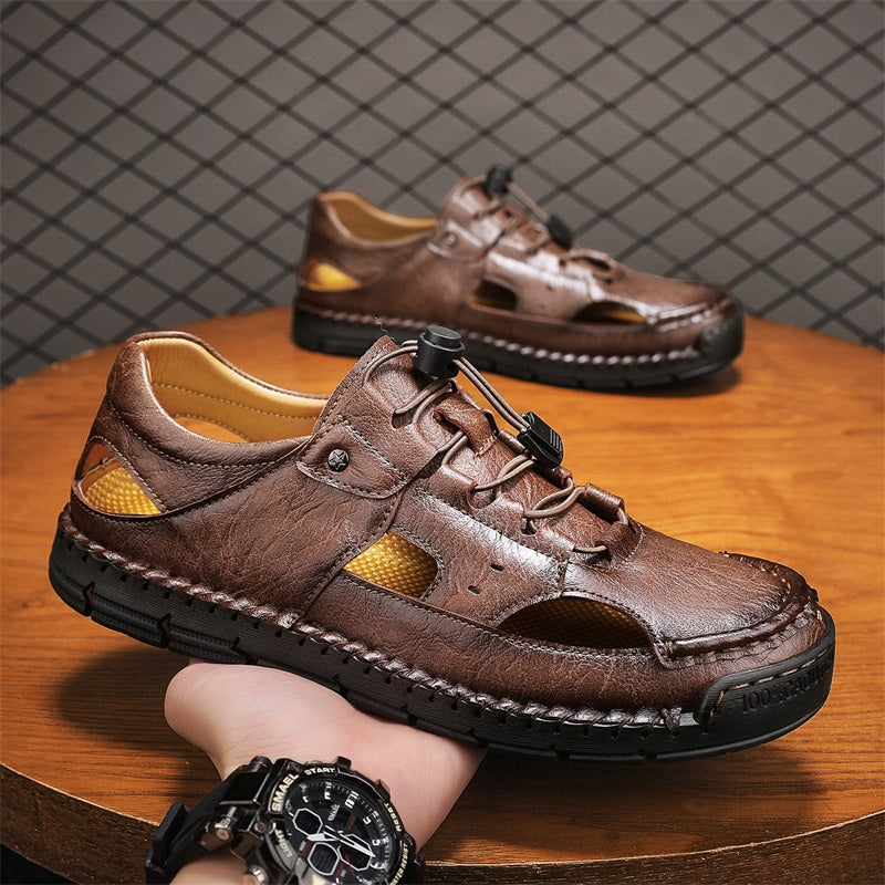 Men's Genuine Leather Sandals - Lace-Up, Slip-Resistant, Wide Toe Box with Arch Support