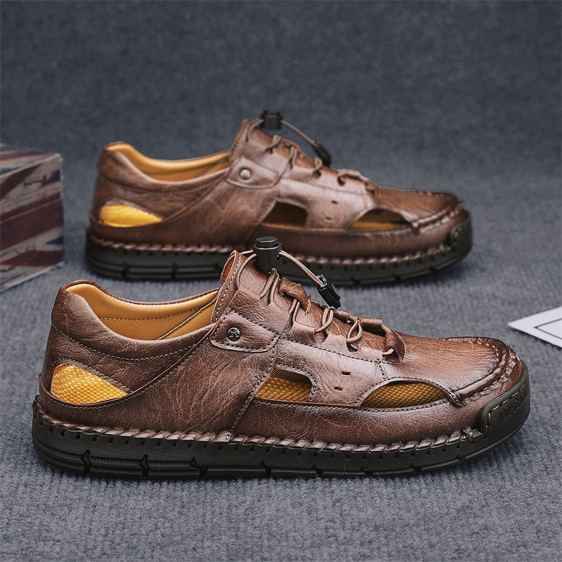 Men's Genuine Leather Sandals - Lace-Up, Slip-Resistant, Wide Toe Box with Arch Support