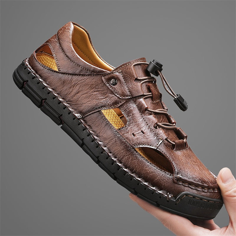 Men's Genuine Leather Sandals - Lace-Up, Slip-Resistant, Wide Toe Box with Arch Support