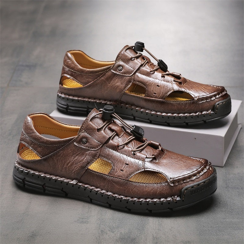 Men's Genuine Leather Sandals - Lace-Up, Slip-Resistant, Wide Toe Box with Arch Support