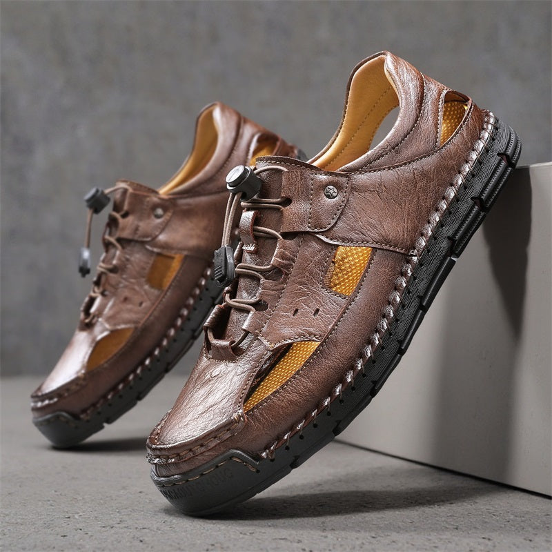 Men's Genuine Leather Sandals - Lace-Up, Slip-Resistant, Wide Toe Box with Arch Support
