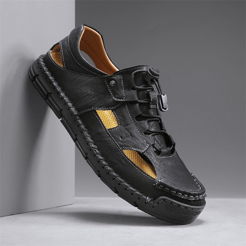 Men's Genuine Leather Sandals - Lace-Up, Slip-Resistant, Wide Toe Box with Arch Support