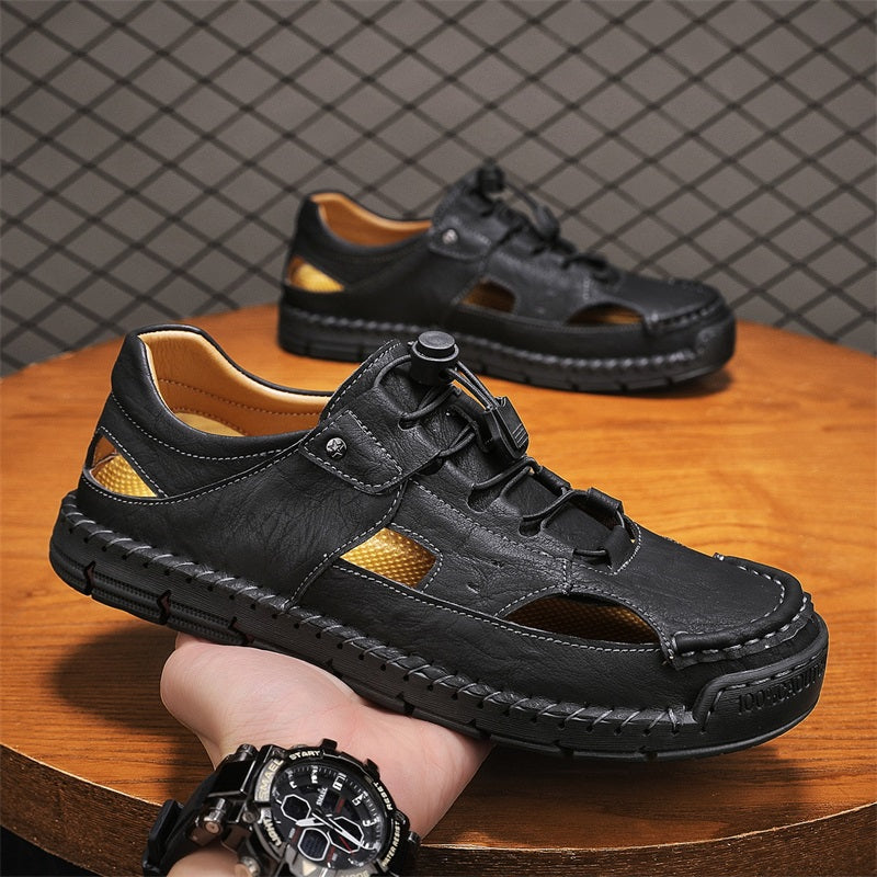 Men's Genuine Leather Sandals - Lace-Up, Slip-Resistant, Wide Toe Box with Arch Support