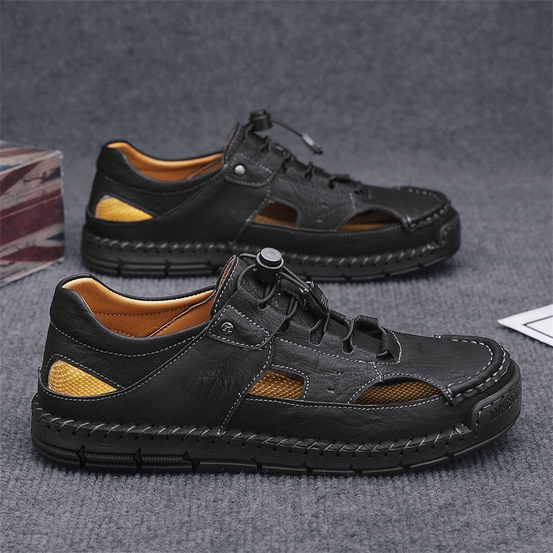 Men's Genuine Leather Sandals - Lace-Up, Slip-Resistant, Wide Toe Box with Arch Support