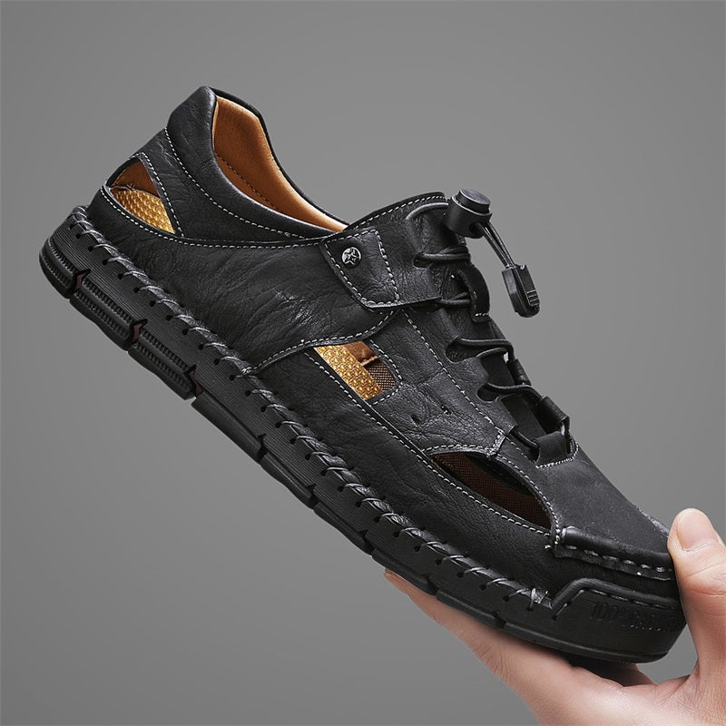 Men's Genuine Leather Sandals - Lace-Up, Slip-Resistant, Wide Toe Box with Arch Support
