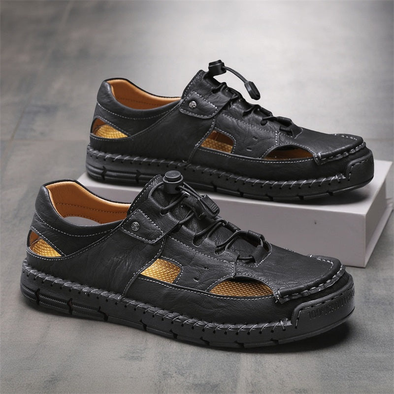 Men's Genuine Leather Sandals - Lace-Up, Slip-Resistant, Wide Toe Box with Arch Support