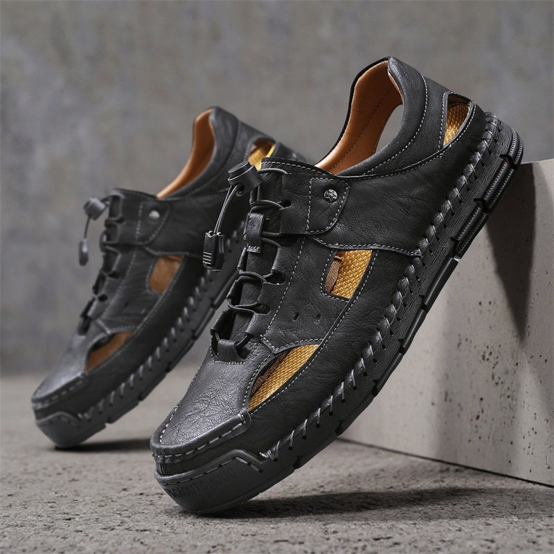 Men's Genuine Leather Sandals - Lace-Up, Slip-Resistant, Wide Toe Box with Arch Support