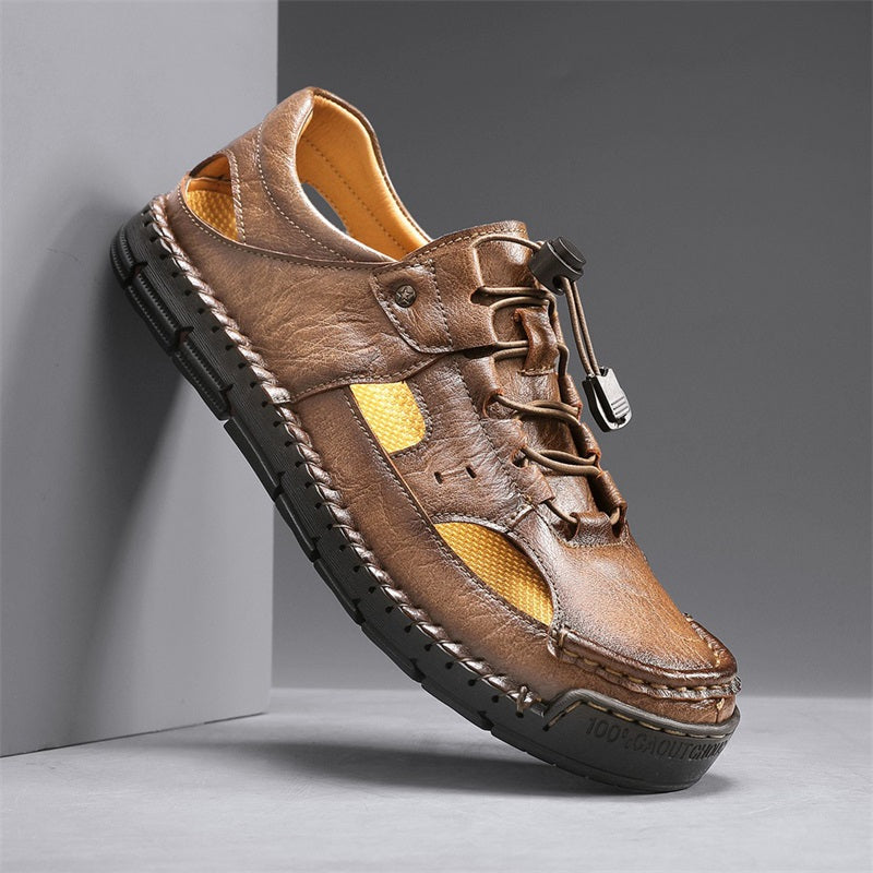 Men's Genuine Leather Sandals - Lace-Up, Slip-Resistant, Wide Toe Box with Arch Support