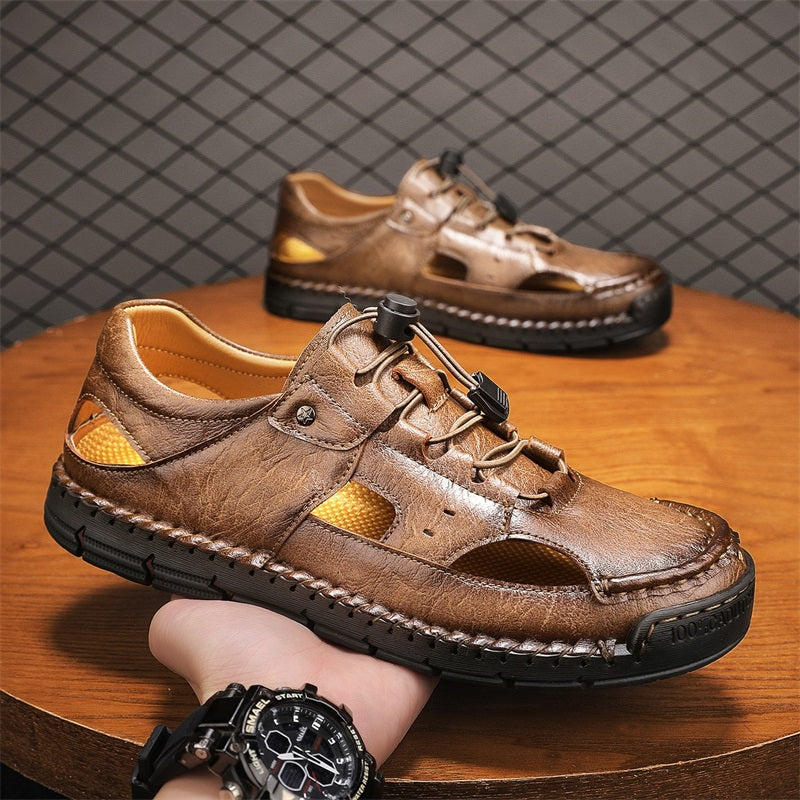 Men's Genuine Leather Sandals - Lace-Up, Slip-Resistant, Wide Toe Box with Arch Support