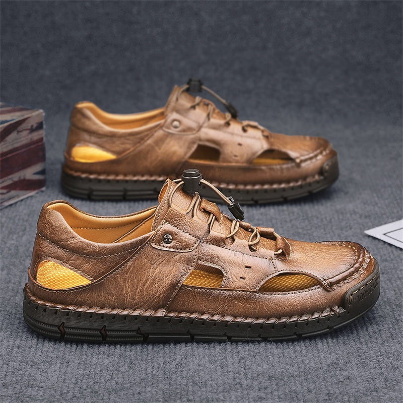 Men's Genuine Leather Sandals - Lace-Up, Slip-Resistant, Wide Toe Box with Arch Support